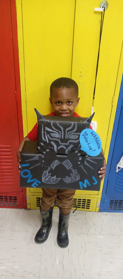 Used 2 boxes, black construction paper, and white crayon. Black Valentines Box Ideas, Black Panther Valentines Box Ideas, Valentine’s Day Shoebox Ideas For Boys, Leopard Valentines Boxes, Valintine Boxs Boys, Valentines Makeup, Black Construction Paper, Mom Diy, Construction Paper