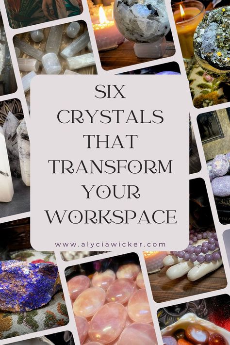 Crystals As Decor, Office Crystals Desks, Home Office Witchy, Zen Desk Decor Work Spaces, Crystals For The Office, Things To Keep In Your Desk At Work, Womens Desk Decor Work Spaces, Crystals For Office Space, Crystal Desk Decor