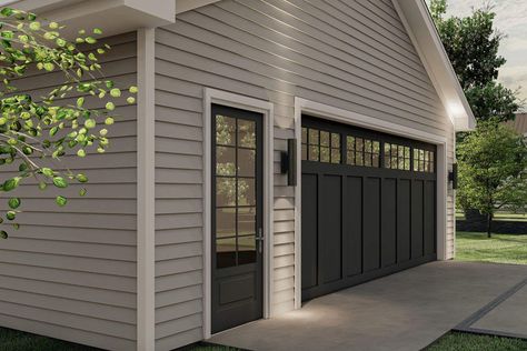 This 2 car garage is about as simple as it gets - a rectangular foundation with a single 2-car garage door. A separate man door gives you access to the interior without opening the garage door. Related Plan : Get an alternate exterior with garage plan 62480DJ . Garage Expansion, Hammock House, Garage Door Designs, Exterior Garage Door, Garage Inspiration, Black Garage Doors, White Garage Doors, Garage Entry Door, Garage Door Colors