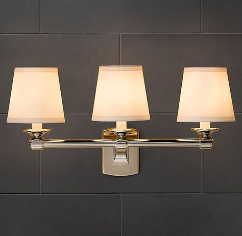 Campaign Double Sconce - Bath Sconces - Restoration Hardware Bathroom Vanity Lighting Sconces, Rustic Bathroom Hardware, Restoration Hardware Bathroom, Restoration Hardware Vanity, Gold Bathroom Fixtures, Powder Room Lighting, Bath Lighting, Bath Redo, Rustic Sconces