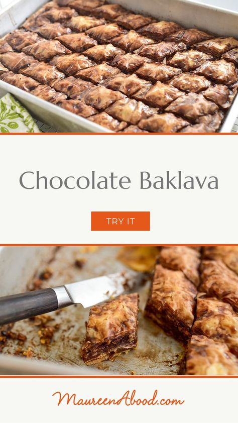 Baklawa (baklava) fans, get ready for this: CHOCOLATE BAKLAVA! I devised my recipe for deep chocolate flavor while maintaining the crisp phyllo texture and buttery nutty notes that are hallmarks of great baklawa. Chocolate Baklava Recipe, Chocolate Baklava, Phyllo Dough Recipes, Phyllo Recipes, Lebanese Desserts, Afghan Food Recipes, Baklava Recipe, Sweet Recipes Desserts, Lebanese Recipes