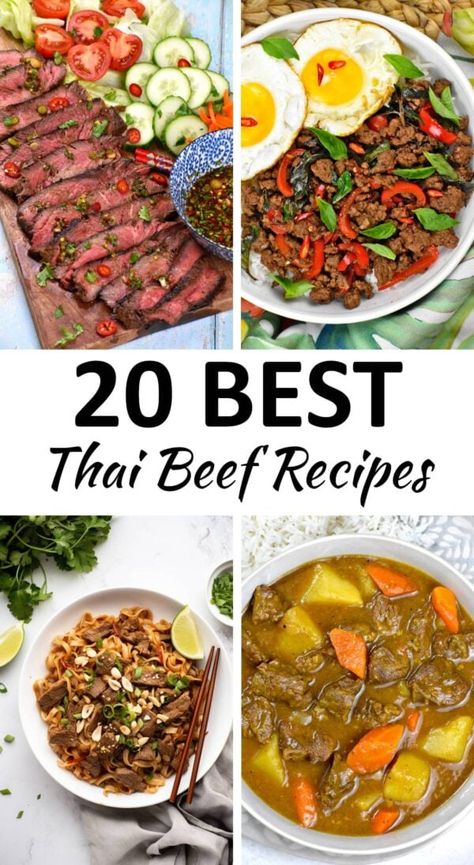 Thai beef recipe pin. Thai Beef Recipes, Thai Cuisine Recipes, Beef Roll Ups, Thai Basil Beef, Beef Massaman, Beef Massaman Curry, Skirt Steak Recipes, Thai Beef Salad, Thai Beef