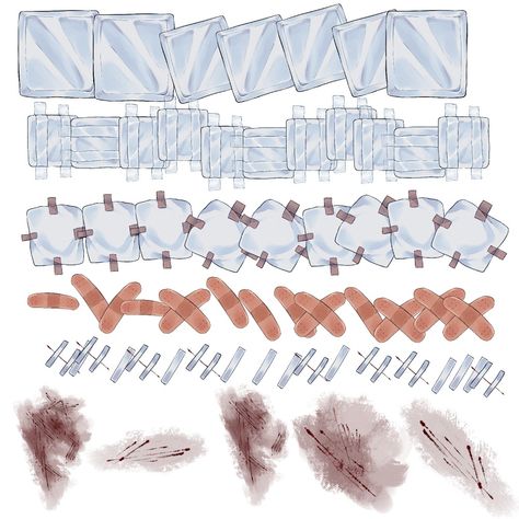 bandages and scratches - CLIP STUDIO ASSETS Loose Bandages Drawing Reference, Leg Bandages Drawing Reference, Bandage Art Reference, Bandage Reference Drawing, Bandage Tutorial, Drawing Bandages, Bandage Painting, Face Bandages Drawing, Scar Artist