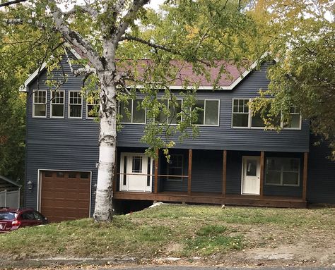 My blue house. Georgia Pacific vinyl siding in Brunswick; Penofin oil stain in Transparent Hickory; Marvin Integrity vinyl windows in Putty; soffit and trim in Sage; IKO Monaco Red roof shingles; door color TBD Brunswick Vinyl Siding, Dark Red Roof House Colors, Georgia Pacific Brunswick Siding, Timeless Vinyl Siding Colors, Deep Brunswick Vinyl Siding, Hickory Roof House Colors, Red Shingles House Colors, Red Roof House Colors, Brown Roof Houses