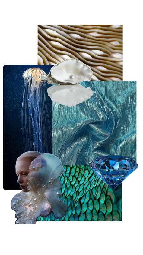 Mood board of ocean🌊 Mermaid Mood Board Fashion, Sea Themed Mood Board, Ocean Inspiration Board, Under The Sea Fashion Mood Board, Waves Mood Board, Mood Board For Jewellery, Water Mood Board, Mermaid Mood Board, Ocean Mood Board