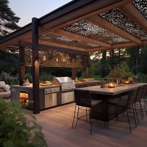 Outdoor Kitchen Metal Roof, Outdoor Kitchen Pavilion Ideas, Outdoor Kitchen Under Gazebo, Patio Bbq Area Outdoor Kitchen Design, Outdoor Kitchen Gazebo Ideas, Outdoor Kitchen Pergola Ideas, Metal Gazebo Ideas Backyard Outdoor, Gazebo With Kitchen, Outdoor Kitchen With Roof