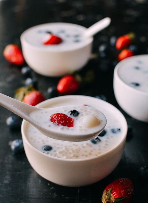 #Coconut #Tapioca #Dessert, recipe by http://thewoksoflife.com Sticky Rice Dessert Recipe, Recipes Fine Dining, Sweet Rice Balls, Asian Deserts, Tapioca Dessert, Coconut Tapioca, Asian Bakery, Hmong Culture, Chinese Desserts