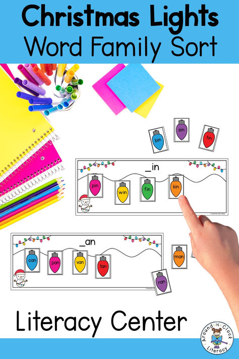 Bring holiday cheer to your literacy centers! This engaging Christmas Lights Word Family Sort helps students practice CVC words while building phonemic awareness. Easy prep and perfect for hands-on learning! 🎄📚 #ChristmasLiteracy #WordFamilies #CVCWords #KindergartenLearning #FirstGradeFun Word Families Activities, Christmas Activities For Preschool, Word Family Sort, Christmas Literacy, Word Family Activities, Kindergarten Themes, Light Words, Teacher Products, Christmas Activity