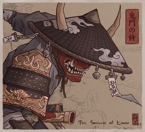 The Samurai of Kimon, Dorothea on ArtStation at https://www.artstation.com/artwork/w0DEZg Oni Traditional Art, Traditional Japanese Samurai Art, Oni Samurai Art, Samurai Art Drawing, Ninjas Art, Samurai Character Design, Cartoon Samurai, Japanese Culture Art, Samurai Drawing