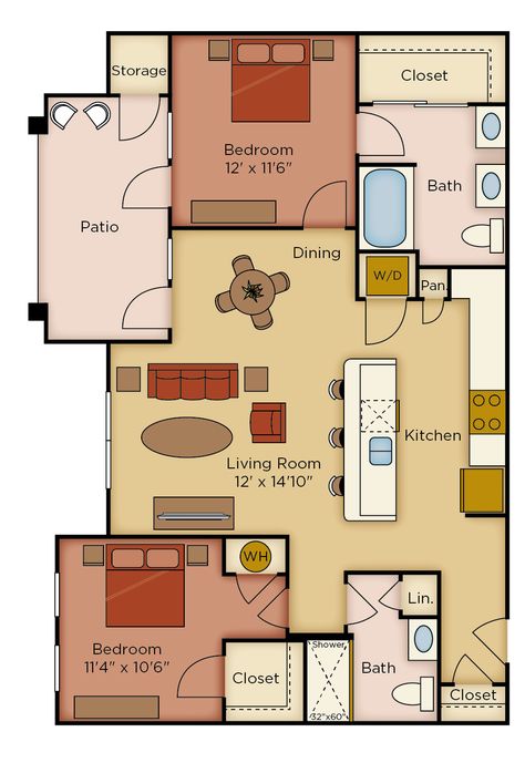 Two Bedroom, Two Bath Upgraded (Cr) Floor Plan 7 Downtown Kansas City, 3 Bedroom Apartment, Floor Layout, Kansas City Mo, Private Patio, Two Bedroom, 3 Bedroom, Bedroom Apartment, Floor Plan