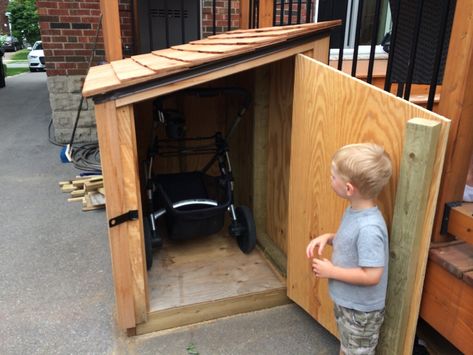 stroller storage shed                                                                                                                                                     More Stroller Storage Outdoor, Pram Storage Ideas, Baggy Storage, Pushchair Storage, Buggy Storage, Bassinet Stroller, Stroller Storage, Backyard Storage, Light Fixtures Bathroom Vanity