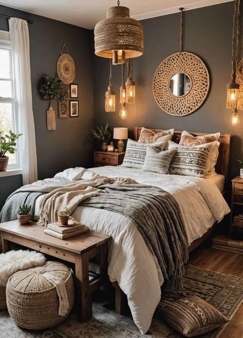 Bohemian Chic Bed, Industrial Cozy Bedroom, Boho Bedrooms Chic, Bohemian Small Bedroom Ideas, Industrial Bedroom Decor Ideas, Bedroom Ideas Wooden Bed, Boho Master Bedrooms Decor, Small Cabin Bedroom Ideas, Boho Master Room Bedroom Ideas