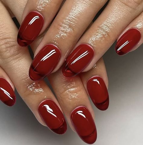 Jelly Red Almond Nails, Jelly Red Nails Short, Red Jelly Nails Short, Cherry Red Jelly Nails, Clear Red Acrylic Nails, Translucent Red Nails, Christmas Jelly Nails, Transparent Red Nails, Red Nails Jelly