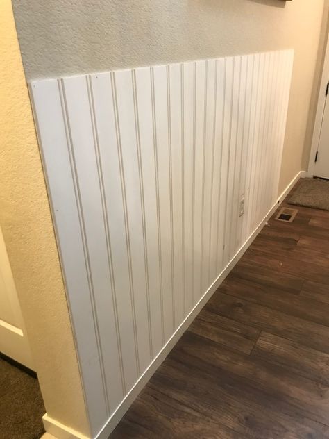 Bead Board Front Entry, Wainscoting Beadboard Ideas, Budget Mudroom Ideas, Shiplap Wall Hallway Entryway, Beadboard Ideas Farmhouse Style, Beadboard And Wallpaper Hallway, Beadboard Ideas Wall, Bead Board Paneling Walls, Beadboard Staircase