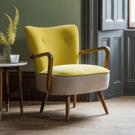 atkin and thyme £399 Velvet Cocktail Chair, Sofa Santai, Yellow Armchair, Sofa Uk, Retro Armchair, Yellow Chair, Contemporary Armchair, Velvet Chair, Blue Living Room