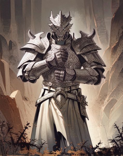 white/silver dragonborn paladin Dragonborn Paladin Of Bahamut, White Dragonborn Paladin, Silver Dragonborn Paladin, White Dragonborn Dnd, Dragonborn Paladin Dnd, Paladin Rpg, Dnd Paladin Character Design, Silver Dragonborn, White Dragonborn