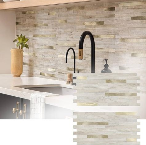 Amazon.com: KASARO 20 Sheets Peel and Stick Backsplash Tile, Stick on Kitchen, Bathroom, Fireplace and RV, PVC Adhesive Mosaic Marble Beige with Vintage Gold Embellished Stripes Wall Tile : Tools & Home Improvement Cream Tiled Kitchen, Farmhouse Peel And Stick Tile Backsplash, Earth Tone Kitchen Backsplash, Peel And Stick Kitchen Cabinets, Backsplash For Brown Granite Countertops, Textured Backsplash Kitchen, Peel And Stick Tile Backsplash Kitchen, Backsplash Behind Stove Only, Gold Backsplash Kitchen