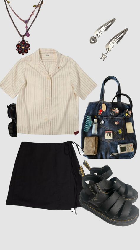 Summer INSPO #summer #summeraesthetic #vsco #girl #sun #docmartens #cool #gorpcore Meusum Aesthetic Outfits, Summer Fits Inspo 2024, Gorpcore Summer Outfit, Summer Outfits Hot Weather, Outfits Aesthetic Spring, School Fits Summer, Summer Retro Outfits, Simple Outfits Summer, Indie Summer Outfits