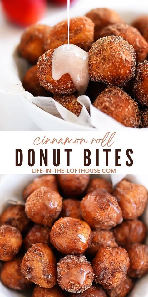 Donut Bites Donut Bites Recipes, Fried Cinnamon Rolls, Mini Donuts Ideas, Mini Donut Recipe, Donut Business, Fried Ice Cream Dessert, Cinnamon Roll Bites, Donut Bites, Cinnamon Bites