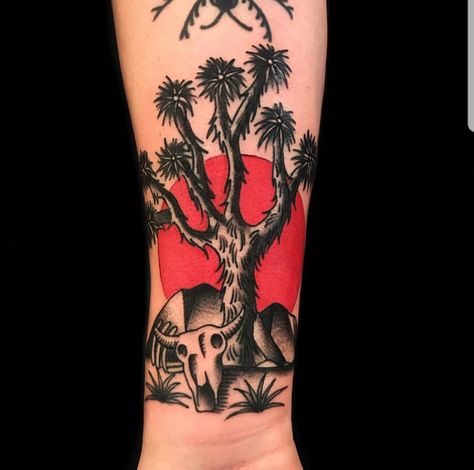 Tattoo done by idlehandsf Desert Tattoo, Traditional Tattoo Stencils, Cow Tattoo, Cowboy Tattoos, American Traditional Tattoo Ideas, Traditional Tattoo Ideas, Sunset Tattoos, Cactus Tattoo, Mark Tattoo