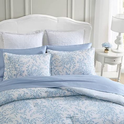 Amazon.com: Laura Ashley- Twin Comforter Set, Cotton Reversible Bedding Set with Matching Sham(s), Farmhouse Home Décor (Bedford Blue, Twin) : Home & Kitchen Blue And White Comforter, Easy Envelope, Blue Comforter Sets, Blue Comforter, Coastal Room, Comforter Bedding, Bedroom Upgrade, White Comforter, Comforter Bedding Sets