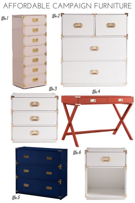 A product round up of affordable campaign furniture Campaign Style Bedroom, Painted Campaign Furniture, Campaign Furniture Bedroom, Bachelorette House, Campaign Nightstand, Campaign Style Furniture, Dresser Inspiration, Affordable Bedroom Furniture, Campaign Dresser