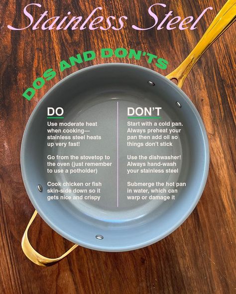 Cravings on Instagram: “We're here to demystify how to cook with and care for your stainless steel cookware. ✨ Follow our "dos" and "don'ts" and you'll find…” Stainless Steel Pans, Dos And Don'ts, Cooking Pan, Stainless Steel Cookware, Kitchen Helper, Find Yourself, Vintage Recipes, Food Guide, Cooking Tools