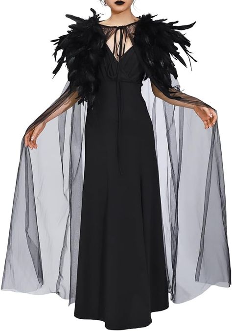 Amazon.com: Unicra Black Feather Cape Long Gothic Witch Cloak Halloween Costume Cosplay Robe for Women and Girls : Clothing, Shoes & Jewelry Dark Fairy Costume, Witches Costumes For Women, Crow Costume, Cape For Women, Victorian Gown, Plus Size Halloween Costume, Diy Costumes Women, Witch Costumes, Witch Halloween Costume