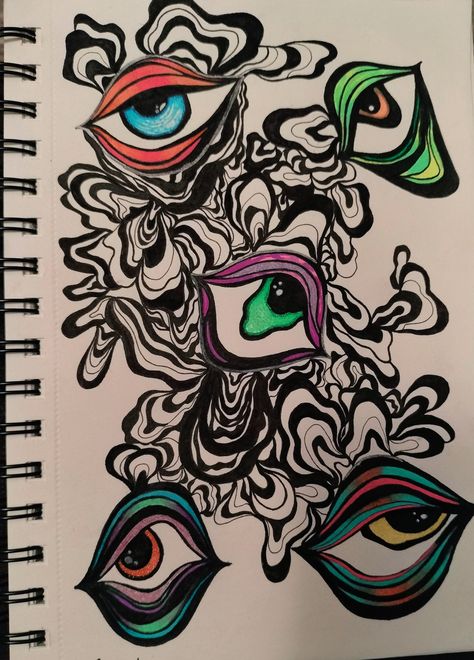 trippy eyeball drawing. Psychedelic art. Doodle. Trippy Drawing Doodles, How To Draw Eyeballs, Trippy Graffiti Art, Drawing Ideas Drippy, Trippy Drawings Ideas, Positive Drawing Ideas, Hippy Art Aesthetic, Hallucination Drawing, Trippy Easy Doodles