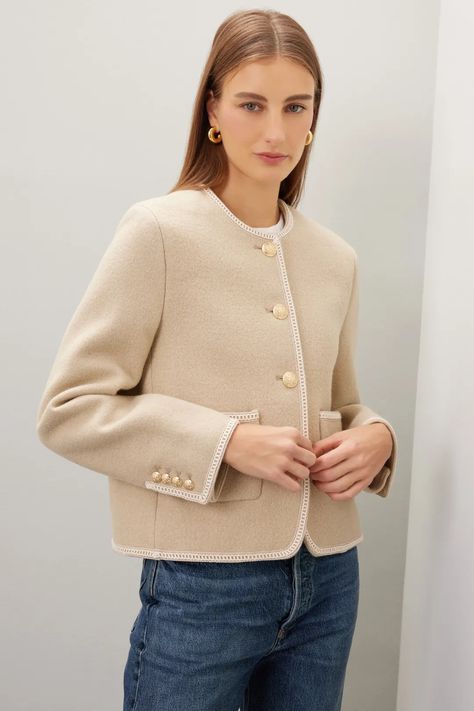 Beige Tweed Boucle Jacket by DUNST | Rent the Runway Knitting Decorations, Tweed Boucle Jacket, Tweed Mini Skirt, Boucle Jacket, Rent The Runway, Game Boy, Blazer Buttons, Office Outfits, Everyday Look