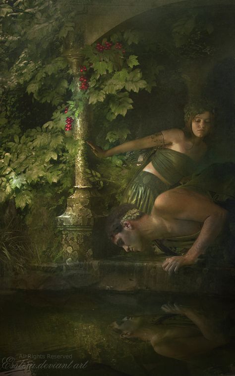 Echo and Narcissus - by *esstera  http://esstera.deviantart.com Echo Greek Mythology, Echo And Narcissus, Greece Mythology, Eros And Psyche, Narcissistic Personality, Celtic Mythology, Greek And Roman Mythology, Greek Mythology Art, Roman Mythology