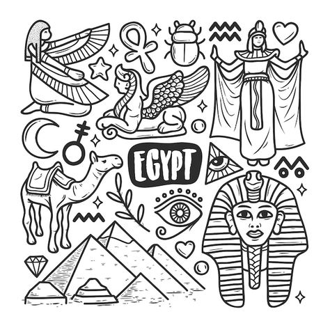 Egypt Doodle Art, Egypt Doodle, Bullet Journal Voyage, Icons Hand Drawn, Egyptian Drawings, Starověký Egypt, Travel Doodles, Egypt Map, Zestaw Ikon