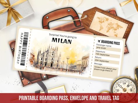 Editable Milan boarding ticket template, Personalized Gift Printable Milan flight ticket trip to Italy with envelope, Digital Download Boarding Ticket, Milan Trip, Surprise Trip Reveal, Boarding Pass Template, Printable Envelope, Travel Tags, Diy Envelope, Ticket Template, Gift Printable