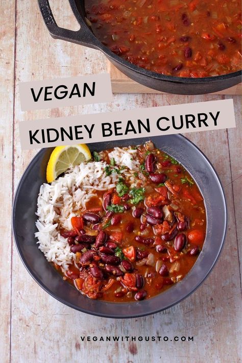 A bowl of kidney bean curry with white rice. Best Vegan Curry Recipe, Sweet Tomato Sauce, Kidney Bean Curry, Bean Curry, Vegan Curry Recipes, Vegan Indian Recipes, Beans Curry, Kidney Bean, Plant Based Dinner