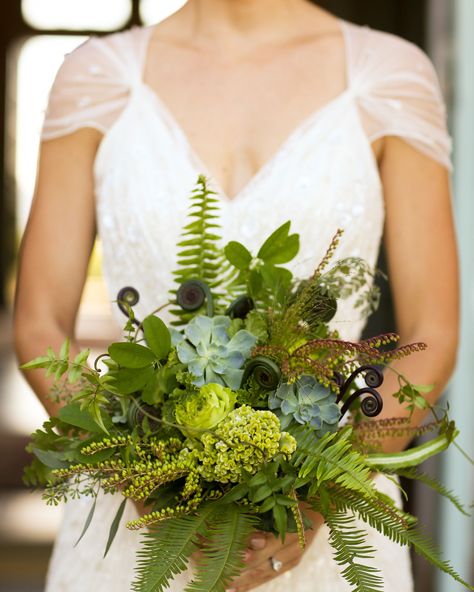 21 Unique Wedding Bouquets Without a Flower in Sight #UniqueWeddingBouquets #WeddingBouquets #NonFloralBouquets #WeddingIdeas | Martha Stewart Weddings Whimsical Wedding Bouquet, Fern Bouquet, Bouquet Champetre, Unique Wedding Bouquet, Fern Wedding, Greenery Wedding Bouquet, Green Wedding Bouquet, Greenery Bouquet, Green Bouquet