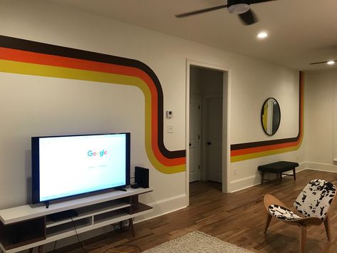 70s Wall Stripes, Stripped Wall Paint, 70s Stripe Wall, 70s Camper, Retro Accent Wall, 70s Wall Mural, Groovy Furniture, Striped Accent Walls, Mod Wall