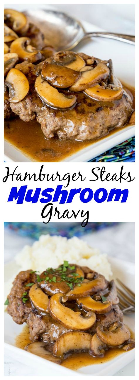 Hamburger Steaks with Mushroom Gravy -easy comfort food that won’t break the bank! Rich mushroom gravy over tender hamburger steaks is a great weeknight dinner. Hamburger Steaks With Mushroom Gravy, Hamburger Steak With Mushroom Gravy, Healthy Hamburger Meat Recipes, Steak Gravy, Hamburger Steaks, Healthy Meat Recipes, Steak And Mushrooms, Hamburger Steak, Hamburger Meat Recipes