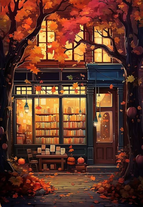 Wide Desktop Wallpapers, Autumn Aesthetic Art, Bookshop Café, الفن الرقمي, Autumn Illustration, Gems Art, Autumn Scenes, Autumn Scenery, Dreamy Art