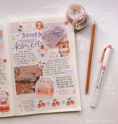 bella⁷🧸🍭 on Instagram: “𝘣𝘶𝘤𝘬𝘦𝘵 𝘭𝘪𝘴𝘵- 𝘴𝘰𝘶𝘵𝘩 𝘬𝘰𝘳𝘦𝘢🍒  sooo i’m gonna start journaling about other things besides kpop to mix things up some! if anyone knows korean…” Kpop Bucket List, South Korea Scrapbook Ideas, Korea Journal Ideas, South Korea Journal Ideas, Korean Aesthetic Journal, How To Start Journaling Ideas, Korean Journal Aesthetic, Korean Journal Ideas, How To Start Journaling