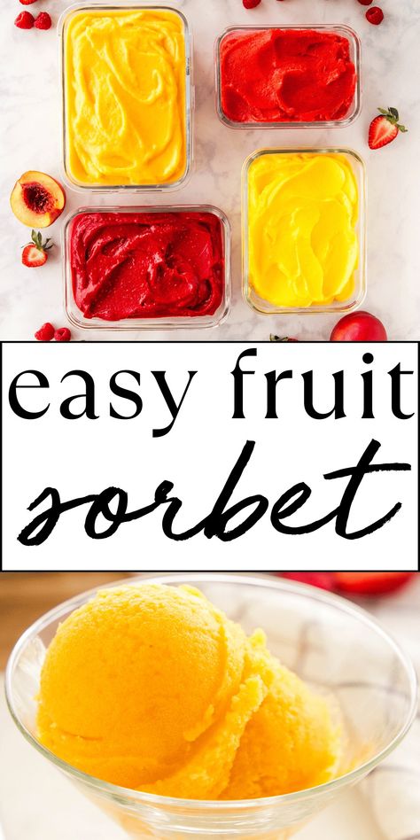 This Sorbet recipe is the ultimate guide to the PERFECT homemade sorbet made from only 2 ingredients! Learn how to make sorbet with fresh or frozen fruit, no ice cream maker required! Recipe from thebusybaker.ca! #sorbet #easysorbet #howtomakesorbet #2ingredientsorbet #homemadesorbet via @busybakerblog Homemade Sorbet Recipe Easy, Easy Sorbet 3 Ingredients, Homemade Fruit Sorbet, Homemade Sorbet Recipe Ice Cream Maker, Home Made Sorbet Recipes, Frozen Fruit Ice Cream Healthy, How To Make Sorbet Homemade, Frozen Fruits Recipe, Watermelon Sorbet Recipe Ice Cream Maker