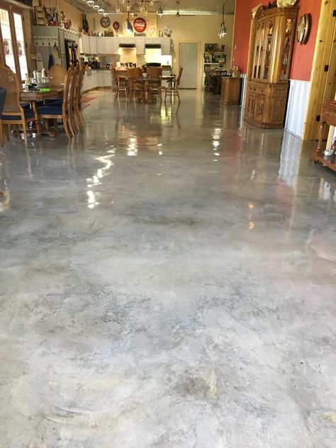 A polished concrete floor. Stained Concrete Floors That Look Like Wood, Glazed Concrete Floor, Modern Stained Concrete Floors, Polished Cement Floors In House, Stained Concrete Bathroom Floor, Clear Epoxy Concrete Floor, Concrete Floor Stain Ideas, Water Based Stained Concrete Floors, Cement Epoxy Floor