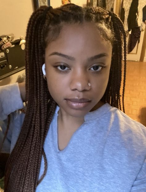 Knotless Braids Pigtails, Big Nose Black Women, Big Nose Piercing, Y2k Box Braid Hairstyles, Nose Piercing On Big Nose, Big Nose Women, Nose Piercing Big Nose, Brown Knotless Braids, Brown Braids For Black Women