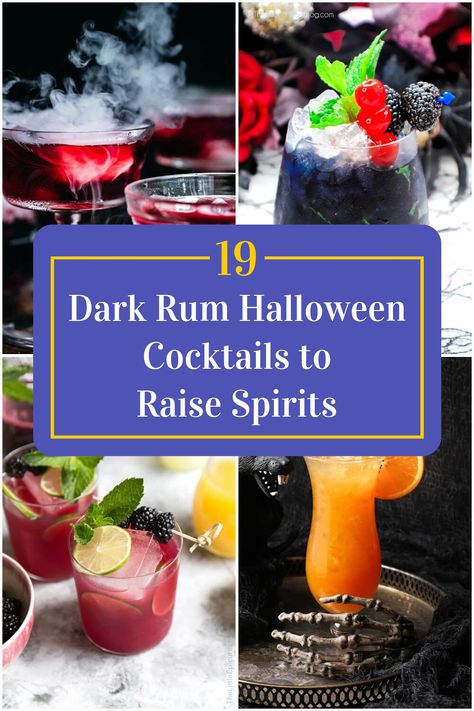 Collage of 4 dark rum halloween cocktails. Spiced Rum Halloween Drinks, Rum Halloween Cocktails, Alcoholic Drinks Rum, Dark Rum Drinks, Rum Drinks Easy, Dark Rum Cocktails, Rum Mixed Drinks, Spiced Rum Cocktails, Halloween Themed Drinks