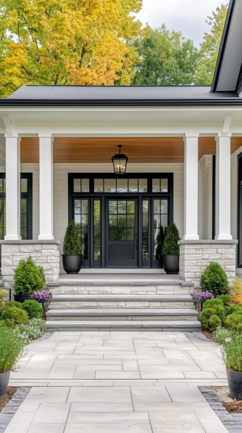 Front Porch Steps Ideas Entrance, Front Porch Stone, Front Porch Remodel, Modern Front Porch Ideas, Modern Front Porches, Front Porch Plants, Modern Front Porch, Front Porch Steps, White Porch