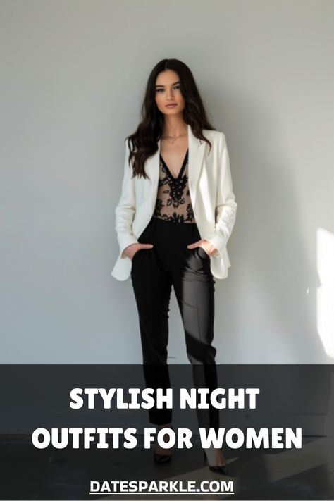 Woman in a black lace top, white blazer, and black pants for a stylish night look. Ladies Going Out Outfits, Dinner Party Outfit Classy Night, Rooftop Outfit Night, Body Suit Outfits Night Out, Outfits With Blazers For Women, Dinner Party Outfit Classy, Trendy Night Out Outfits, Night Outfits For Women, Club Night Outfit