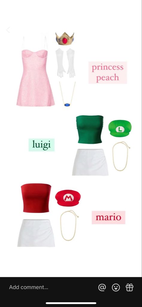 Trio Costumes For Girls, Mario And Luigi Halloween, Luigi Halloween Costume, Costume Mario, Princess Peach Halloween, Halloween Constumes, Princess Peach Costume, Luigi Costume, Peach Costume