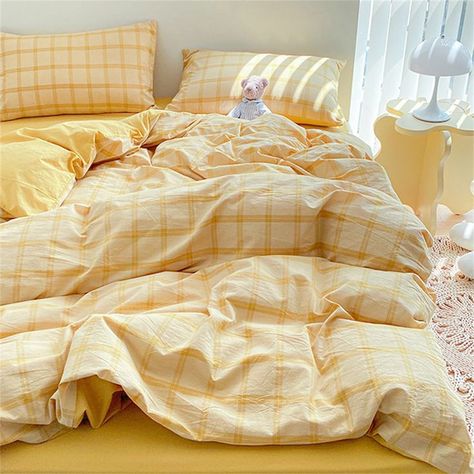 Yellow Twin Bedding, Yellow Bed Set, Roommate House, Korean Bed, Kpop Dorm, Retro Dorm Room, Yellow Bed Sheets, Yellow Bedding Sets, Yellow Bed