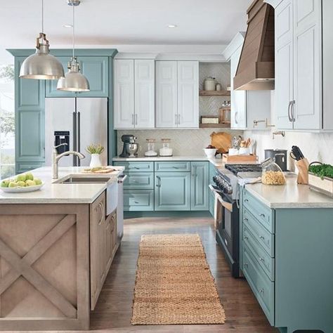 Here’s one way to handle the #pantrywall while still doing a two tone kitchen 😎 two shades of green! #colouristimeless #diamondcabinetry Farmhouse Chic Kitchen, Builder Grade Kitchen, Two Tone Kitchen Cabinets, Blue Farmhouse, Maple Kitchen Cabinets, Diy Backsplash, Farmhouse Kitchen Design, Blue Cabinets, Classic Kitchen