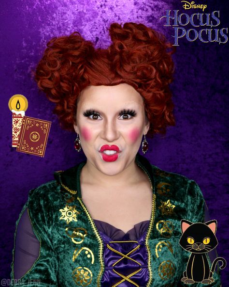 Debra Jenn in a Winifred Sanderson costume for Halloween. From the Disney movie Hocus Pocus Winifred Sanderson Costume Diy Hair, Sanderson Sisters Makeup Looks, Winifred Makeup Tutorial, Winnifred Sanderson Makeup, Hocus Pocus Winnie Makeup, Sanderson Sisters Makeup, Winnie Hocus Pocus Makeup, Winifred Sanderson Hair Diy, Winifred Hair Tutorial