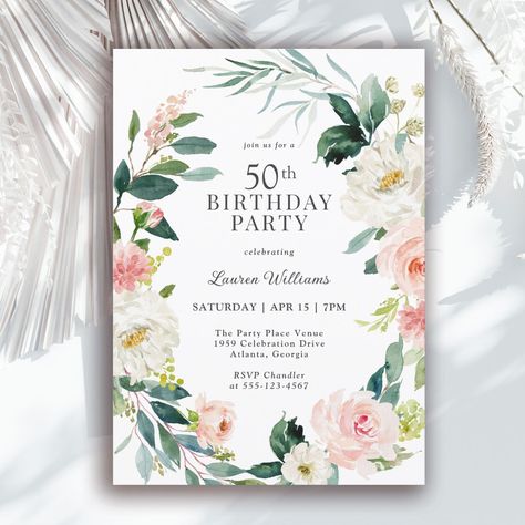 Feminine Blush Rose Floral 50th Birthday Party Invitation Birthday Party Decorations For Adults, 75th Birthday Parties, 60th Birthday Party Invitations, 30th Birthday Party Invitations, 40th Birthday Party Invites, 100th Birthday Party, 80th Birthday Invitations, 50th Birthday Party Invitations, 60th Birthday Invitations